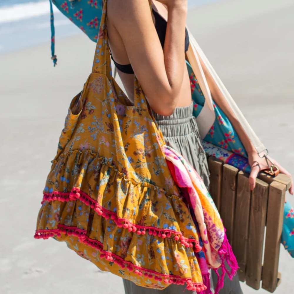 NEW boho ruffle floral tote bag with pom poms